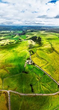 Panorama of Winnats Pass from a drone, Castleton, Hope Valley, Peak District National Park, Derbyshire, England, UK