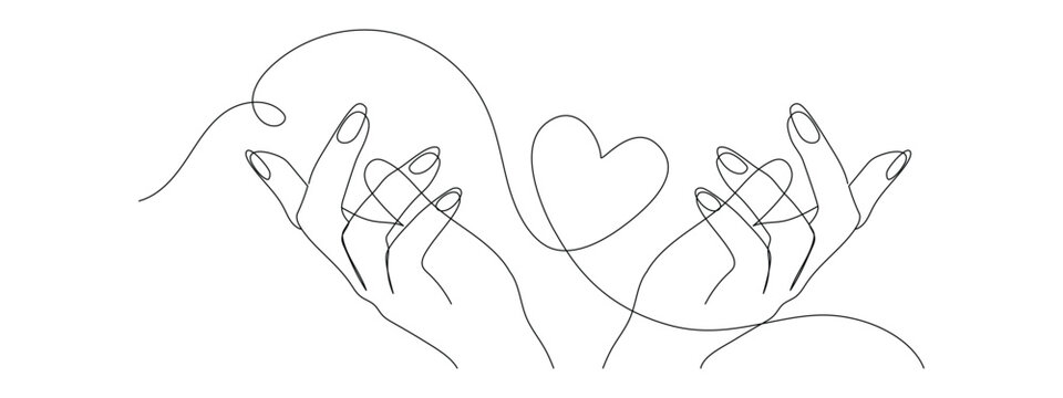 One continuous line drawing of hand holding heart. Concept of love relationship and charity volunteer organization symbol in simple linear style. Editable stroke. Doodle Vector illustration.