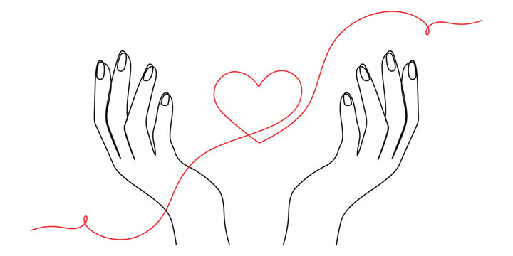 One continuous line drawing of hand holding heart. Concept of love relationship and charity volunteer organization symbol in simple linear style. Editable stroke. Doodle Vector illustration.