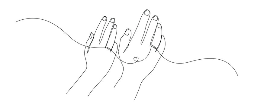 One continuous line drawing of hand holding heart. Concept of love relationship and charity volunteer organization symbol in simple linear style. Editable stroke. Doodle Vector illustration.