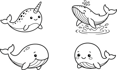 Cute cartoon whale and narwhal vector set featuring happy ocean animals for children coloring book pages © MST