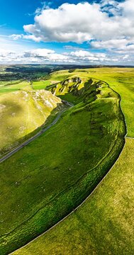 Panorama of Winnats Pass from a drone, Castleton, Hope Valley, Peak District National Park, Derbyshire, England, UK