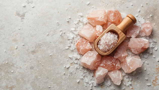 Top view flat lay of raw pink himalayan rock salt chunks with mini wooden scoop on light stone surface
