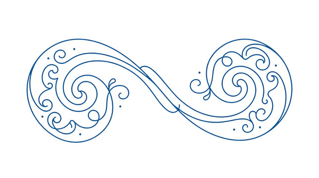 Minimalist blue monoline infinity symbol with ornamental swirls and decorative dots on a white background