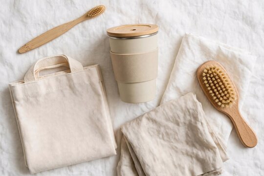 Sustainable Zero Waste Travel Essentials Flat Lay with Bamboo Toothbrush Bag and Mug