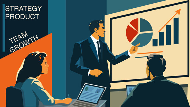old American style vecor business illustration showing a team attending a presentation about strategy, product development, growth and business planning. Vintage corporate aesthetic combined modern