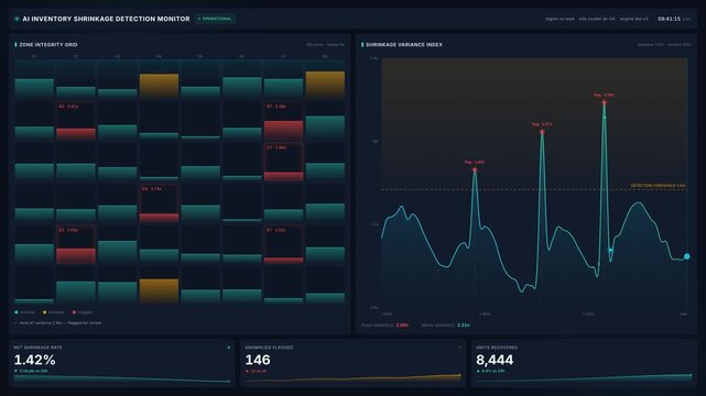 Advanced 4k ai inventory shrinkage detection monitor with real-time analytics data graphs, for smart warehouse security, supply chain management, automated stock loss