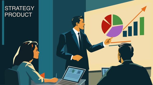 Cartoon people working on a laptop business video  showing a team attending a presentation about strategy, product development, growth and business planning. Vintage corporate aesthetic combine