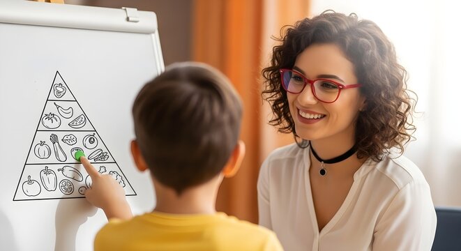 Smiling Teacher Teaching Nutrition with young boy pointing at food pyramid drawing on whiteboard ideal for educational blogs, healthy lifestyle articles, and school curriculum materials.