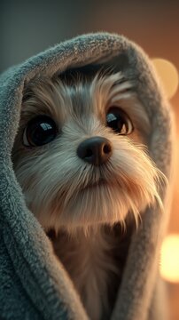 Adorable small dog wrapped in a soft blanket, looking up with big expressive eyes