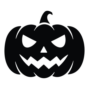 Jack-o-lantern silhouette with menacing grimace in stark monochrome vector style for spooky halloween party invitations and seasonal horror branding.