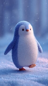 Chubby penguin with blue and white feathers waddling across a snowy landscape during snowfall