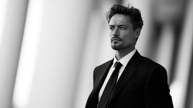 Black-and-white photo of 40 years old businessman look away, copy space