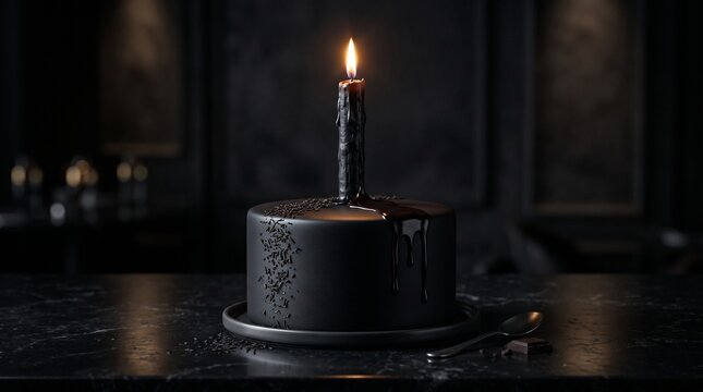 Elegant black chocolate cake with a glowing candle, glossy ganache, and dramatic low-key lighting on a dark marble table. A sophisticated concept for Halloween, gothic celebrations, luxury desserts, b