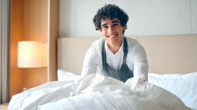A young man smiles as he adjusts the white pillows and duvet on the bed in a hotel room.  Concept of hotel service, housekeeping, and hospitality