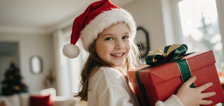 Joyful young girl in a Santa hat holding a large red Christmas gift box with a festive bow in a bright home setting.