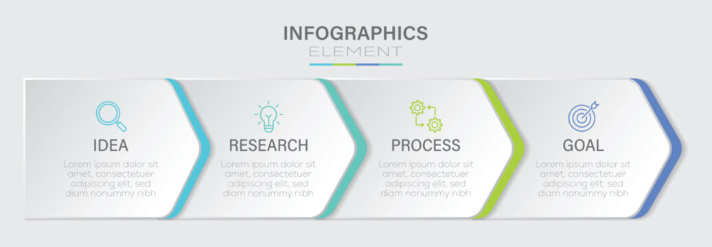 Modern infographic timeline with four connected chevron steps for idea, research, process and goal planning, colorful business presentation template with editable text. Vector illustration.