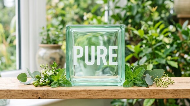 Green plant with pure green water bottle on wooden shelf