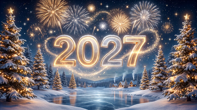 Paisaje navide&ntilde;o nevado recibe 2027 con n&uacute;meros luminosos, &aacute;rboles decorados, luces c&aacute;lidas y fuegos artificiales bajo un cielo nocturno.
