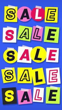 Sale seamless loop collage cutout letters ransom note blue colorful rows of mismatched paper squares and circles jitter in a vertical frame for zine style promotions and mobile social media ads
