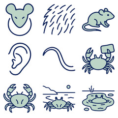 Fototapeta premium Cute Animal Icons: Mouse, Crab, Ear, Worm, Beach Landscape