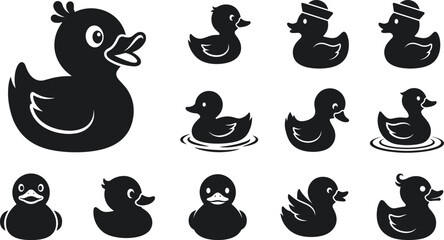 Fototapeta premium Cute rubber duck bath toy black silhouette icons set with sailor hat and swimming ripples vector illustration
