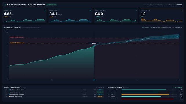 Advanced ai flood prediction monitoring dashboard interface in 4k resolution, for data analytics, environmental warning systems, hydrological forecasting, climate change