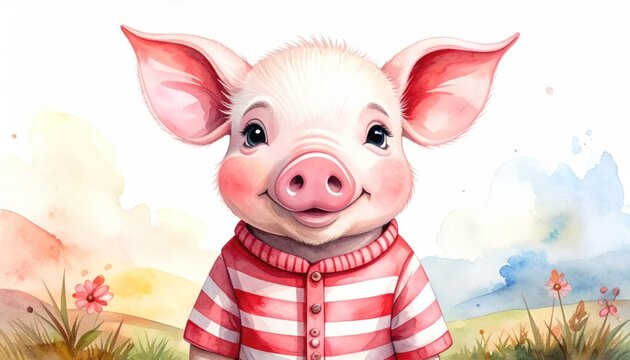 Charming Watercolor Piglet Portrait in Striped Shirt on Pastel Background.