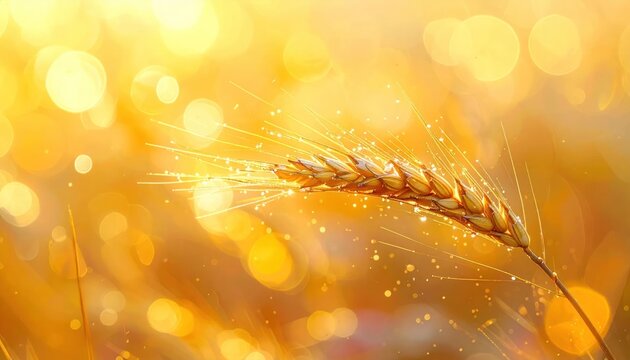 Golden wheat ear in a sunlit field, bokeh background.