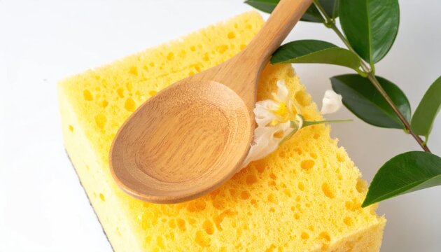 Natural Cleaning - Sponge, Wooden Spoon, and Green Leaves on White.