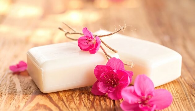 Elegant soap bar with pink flowers on wooden surface.