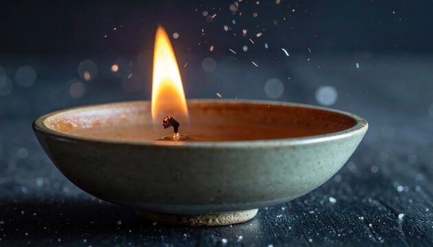 Single Candle Flame in Small Bowl with Bokeh Background.