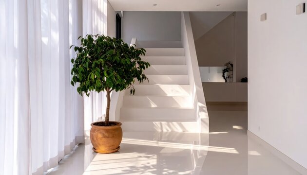 Elegant Interior with Potted Plant and White Staircase.