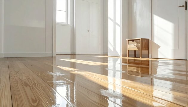 Bright and Airy Room with Polished Wooden Floor and Sunlight.