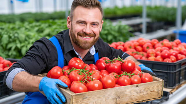 Smiling farmer holding crate of fresh harvested red tomatoes in greenhouse with farm life