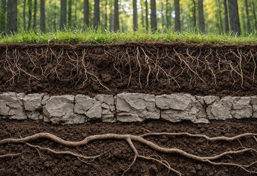 Cross section of earth showing soil layers plant roots and rock strata beneath green grass