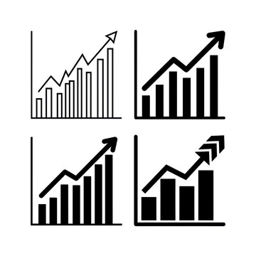 Four upward growth trend line charts in black and white vector style isolated on transparent background