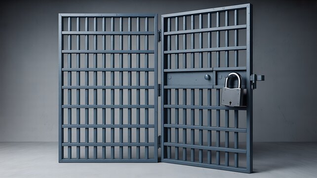 Open prison cell door with metal bars and padlock representing imprisonment, security, and criminal justice