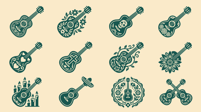 A detailed dia de los muertos icon set vector illustration featuring decorative mexican guitars with intricate floral skull patterns