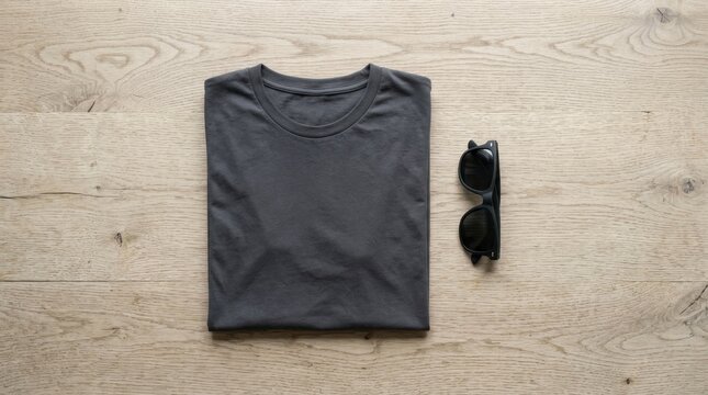 Gray T-shirt and black sunglasses flat lay
