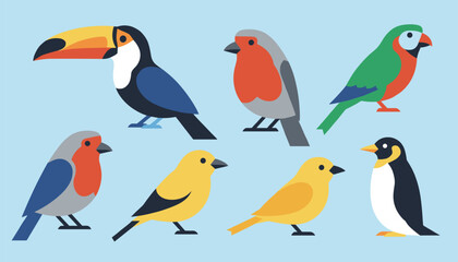 Obraz premium Vector set featuring colorful stylized birds including a toucan parrot robin and penguin on blue.