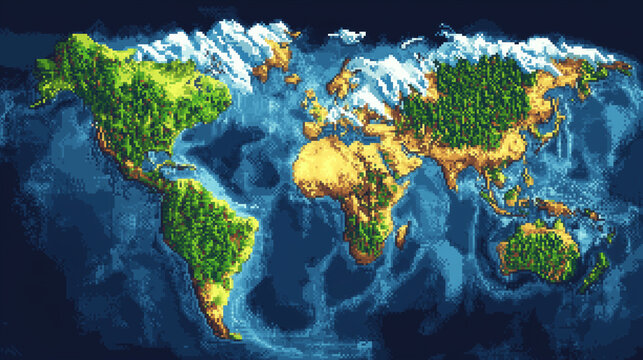 흰 설산과 북극 지형이 강조된 픽셀 세계지도, Pixel world map with snowy mountains and arctic terrain