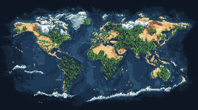 우거진 숲과 남북극 지형의 고해상도 픽셀 세계지도, High detail pixel world map with lush forests