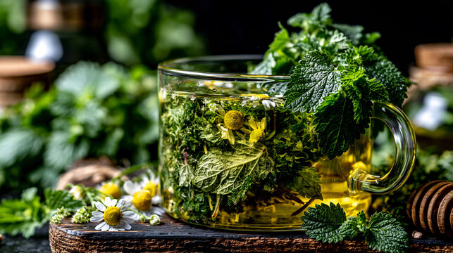 Glass cup of fresh herbal tea with nettle and chamomile flowers organic tea dried herbs