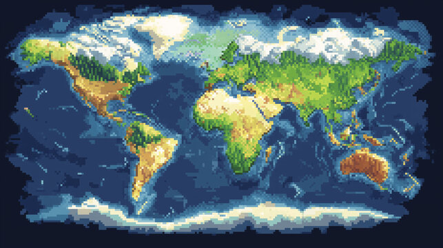 대기 구름 효과가 들어간 모던 픽셀 세계지도, Modern pixel world map with cloud effect