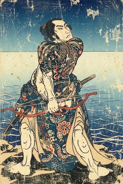 Tattooed Japanese Warrior Holding a Bow by the Sea in Ukiyo-e Style