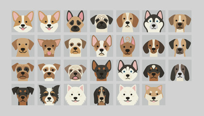 Fototapeta premium Multiple cute dog face portraits showcasing different breeds in individual gray square icons arranged neatly in a large grid pattern.