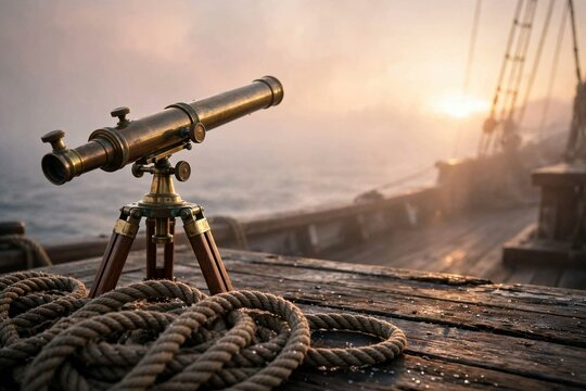 Antique brass telescope on wooden sailing ship deck at sunset
