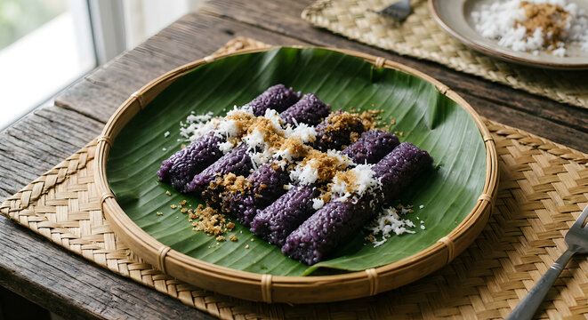 Filipino puto bumbong, several short violet steamed sticky-rice logs with slightly