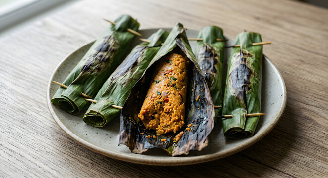 Malaysian satar ikan, spicy fish and coconut paste grilled inside small conical banan